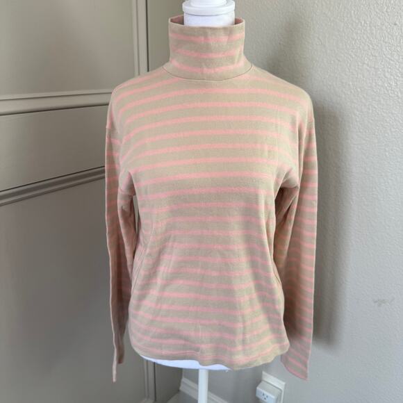 Vintage J. Crew Outfitters Turtleneck Tan Pink Stripe Size M 90s 100% Cotton - Picture 1 of 4